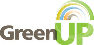 This is the GreenUp logo. UP appears in uppercase and is green. There is a rainbow cascade of earth tone swoops above it. It looks like it was designed in 2003